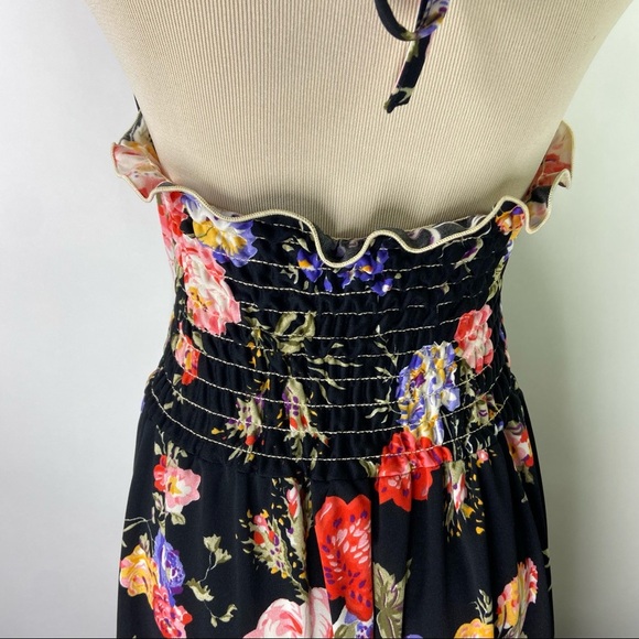 Vintage 70s SunDress Floral Black Print Halter Top Built In Bra Midi Cottage S - Picture 7 of 9